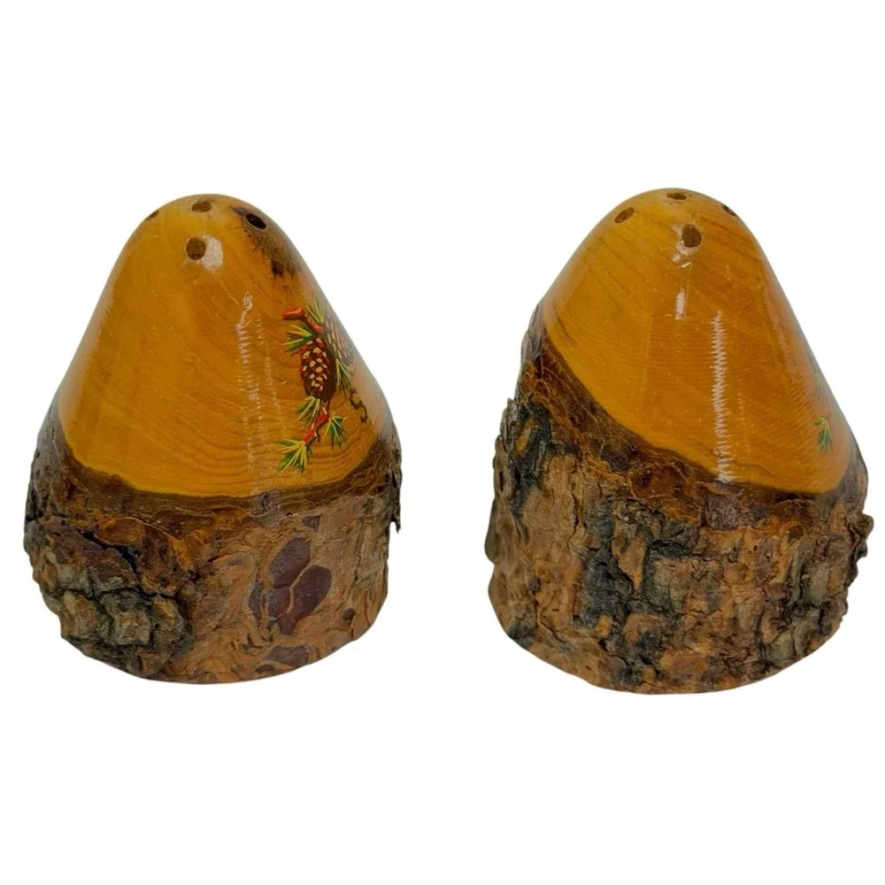 Vtg 1970s Wood Salt & Pepper Shaker W/ Base Souvenir Lake George NY Rustic